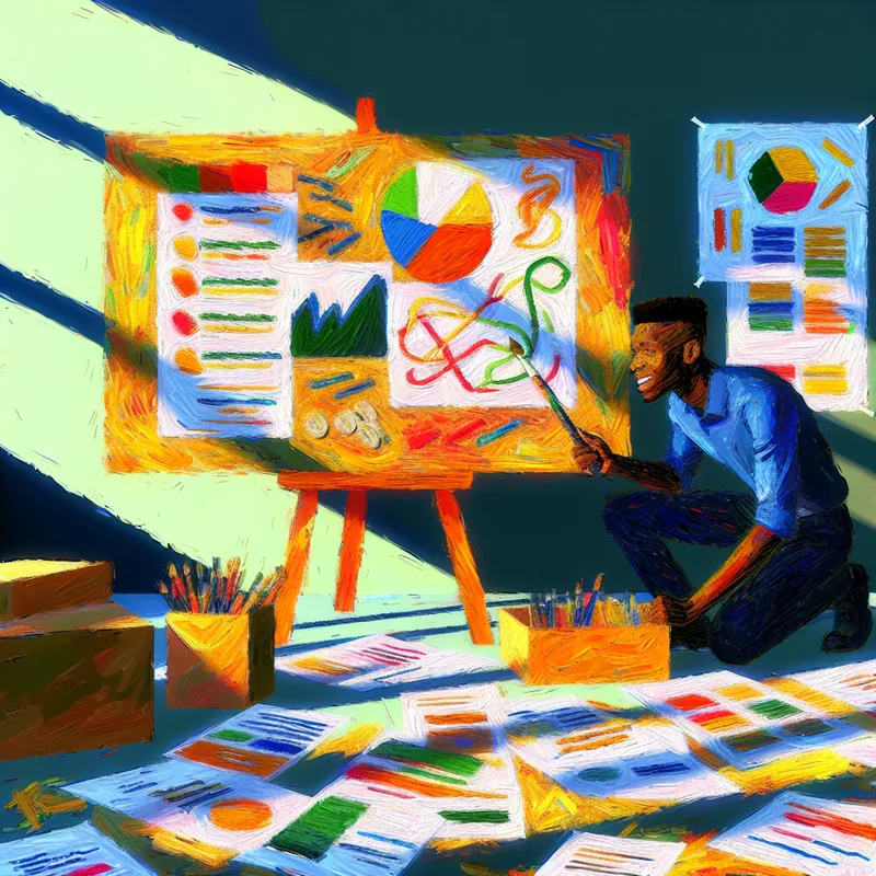 Jonge man werkt intensief aan een presentatie met kleurrijke diagrammen en aantekeningen op een canvasbord, omgeven door papieren en kunstbenodigdheden.