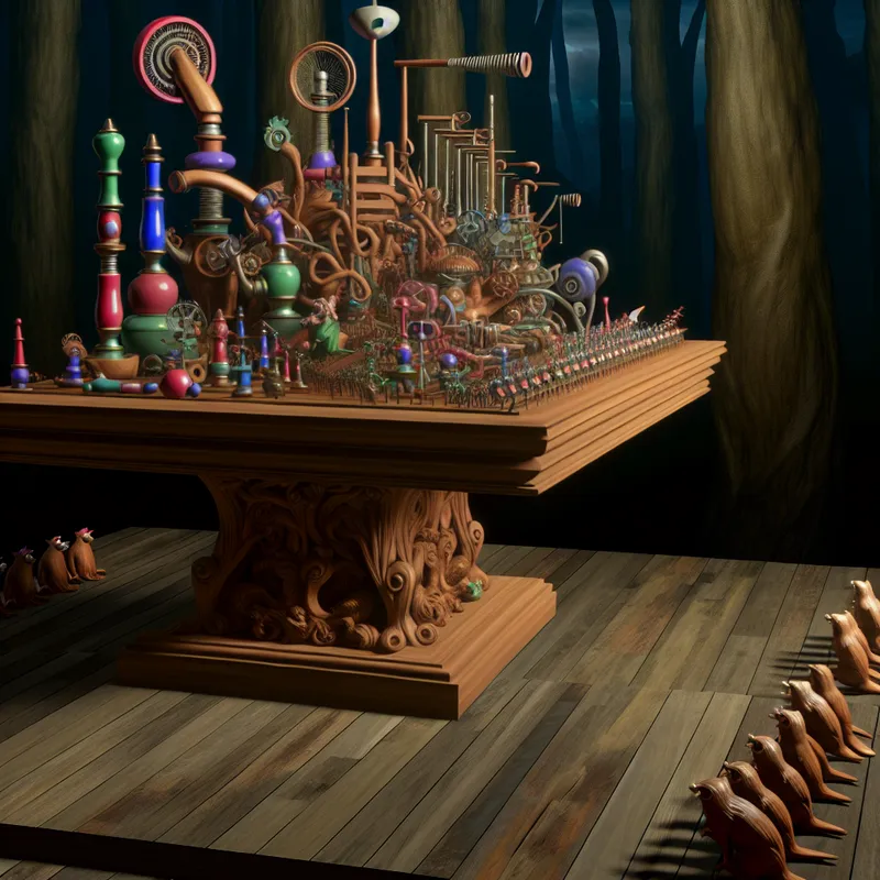 Surrealistisch tafereel van een grote, versierde houten tafel met verschillende ongewone gereedschappen en vreemde mechanismen, omringd door een mysterieuze bosomgeving.