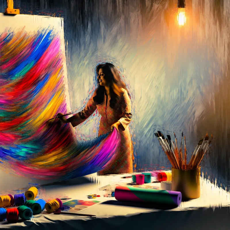 Vrouw staat in haar werkruimte en past een groot kleurrijk posterontwerp aan.