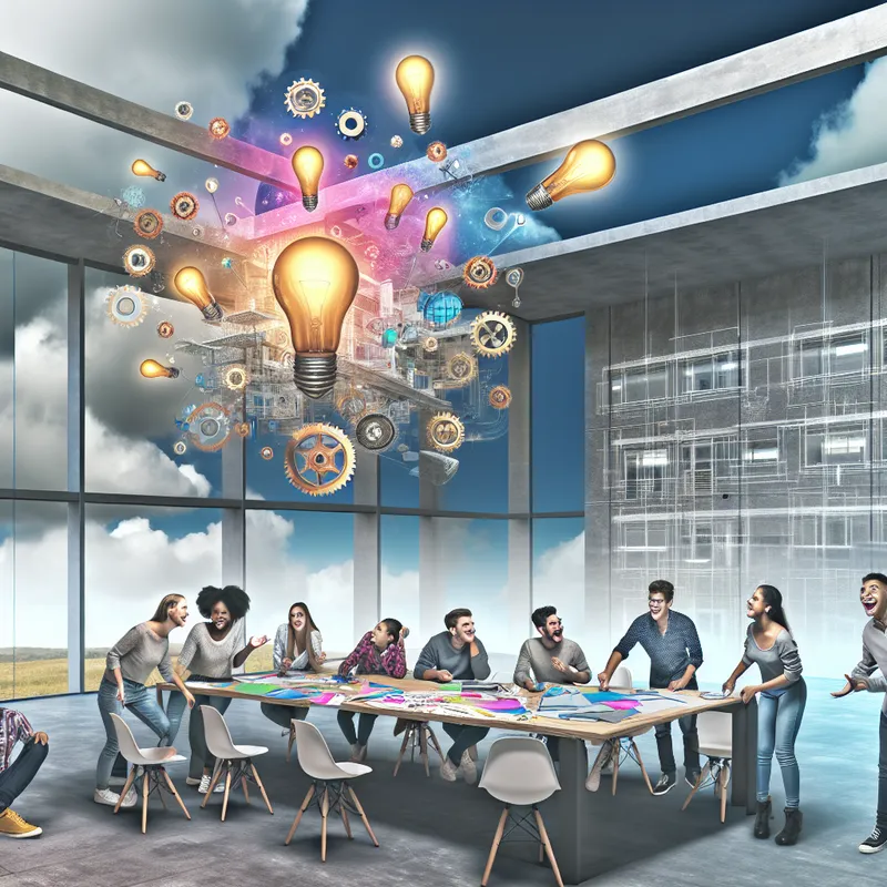 Diverse studenten werken samen in een moderne klas met kleurrijke papieren en ideeën lichtjes in de lucht.