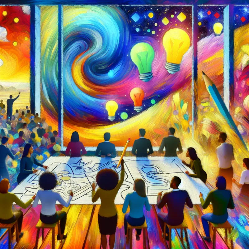 Groep diverse mensen rond een groot blauwdruk, vol energie en creativiteit in een heldere ruimte