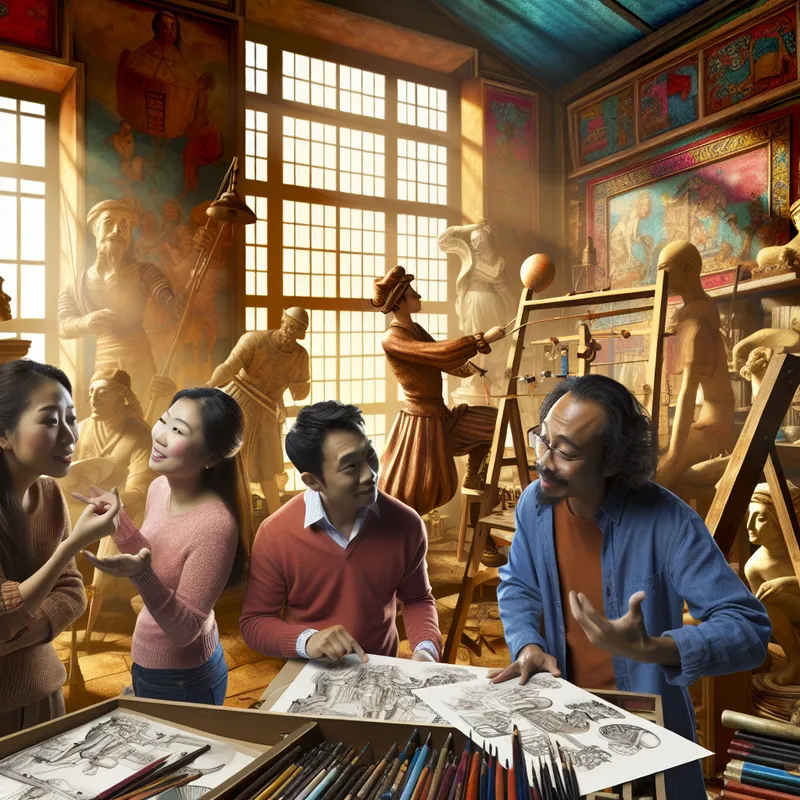 Een diverse groep mensen werkt samen in een zonnige studio met creatieve materialen, schetsen en gesprekken.