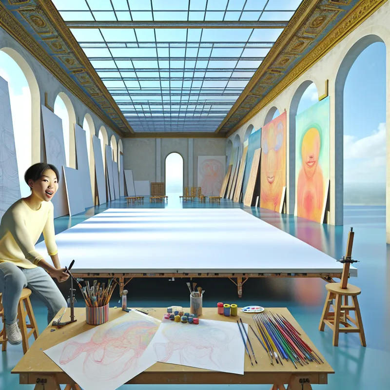 Een jonge kunstenaar in een heldere studio, klaar om aan een nieuw kunstwerk te beginnen met een grote lege canvas.