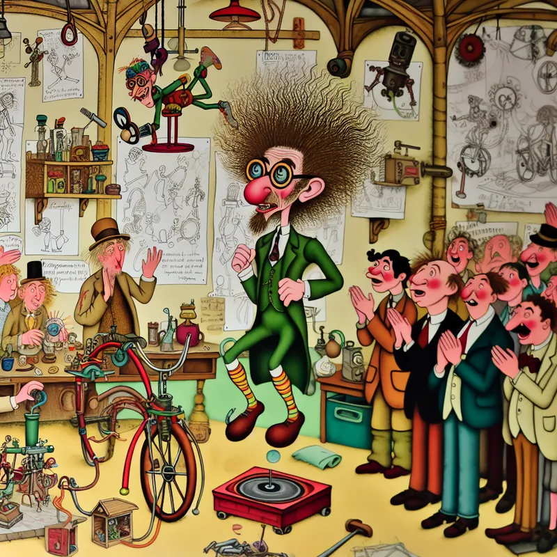 Een cartoonachtige afbeelding van Ursel, een creatieve persoon met wild haar, omringd door vreemde uitvindingen zoals een vliegende fiets en een robot van huishoudelijke artikelen.