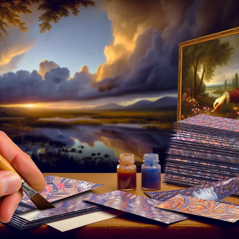 Een artistieke werkruimte met handgemaakte kaarten en een schilderij van een landschap.