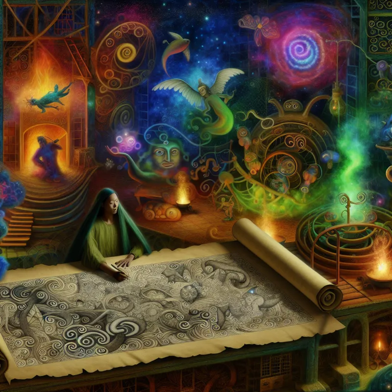 Een surrealistisch tafereel met een half-etherisch persoon in een workshop, omringd door fantasierijke creaturen en bizarre uitvindingen die nieuwe ideeën symboliseren.