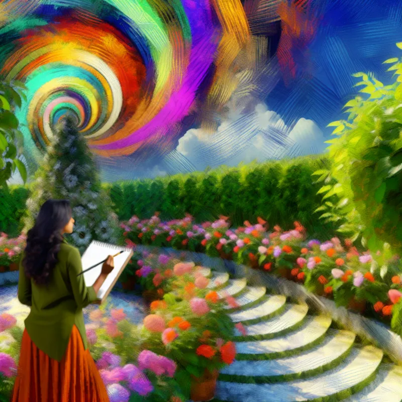 Een persoon die buiten op een kronkelig pad staat en met een potlood en schetsboek aan het tekenen is, omringd door weelderige natuur en kleurrijke bloemen.