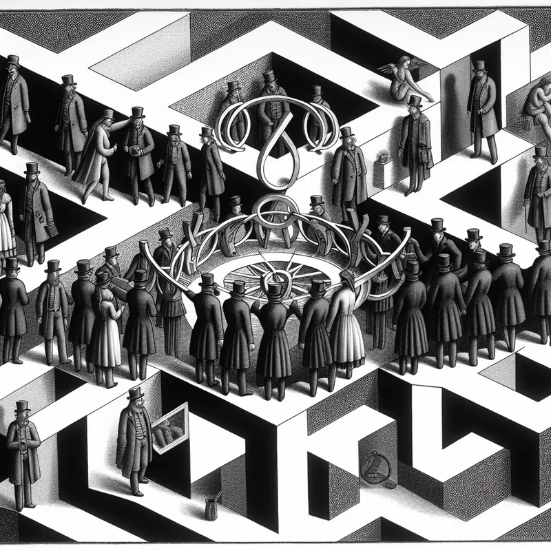 Surrealistisch kunstwerk in de stijl van M.C. Escher met een labyrint van donkere figuren die een criminele ring vormen door illegale uitwisselingen van geld en drugs