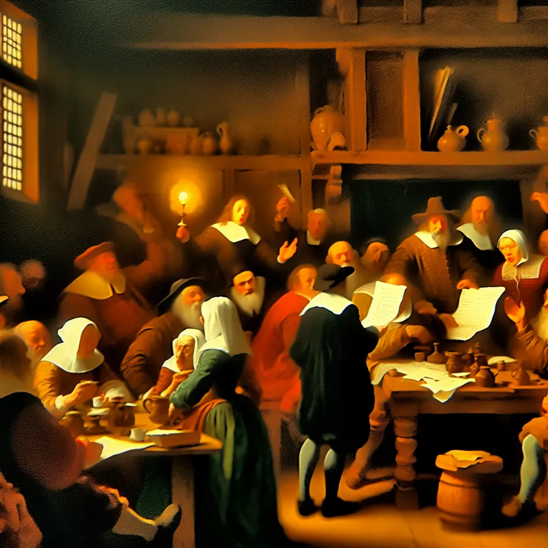 17e-eeuwse Nederlandse genrestscene van een levendige vergadering waar een centrale figuur nadrukkelijk wijst naar een document met problemen, ter illustratie van een cruciaal moment in een periode of proces