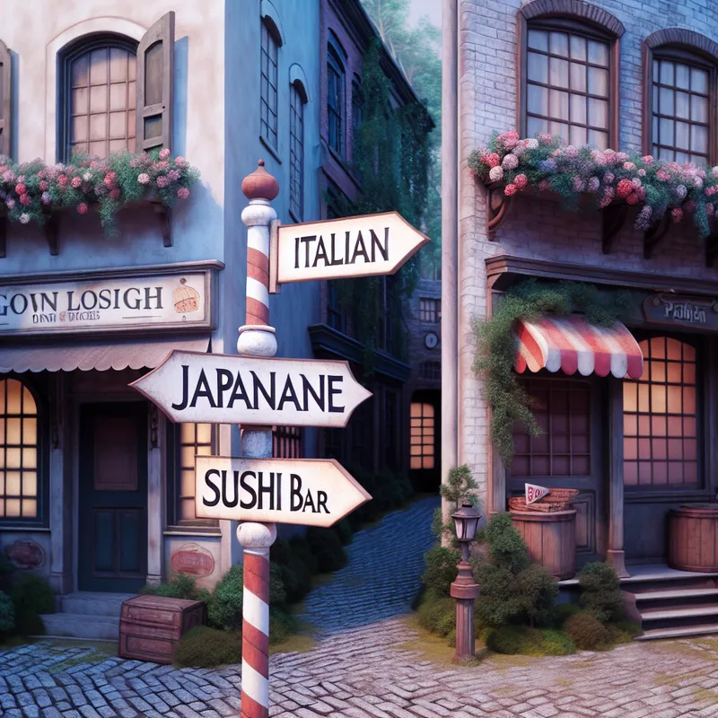 Romantische straat met een kruispunt en borden naar Italiaanse en Japanse eetgelegenheden