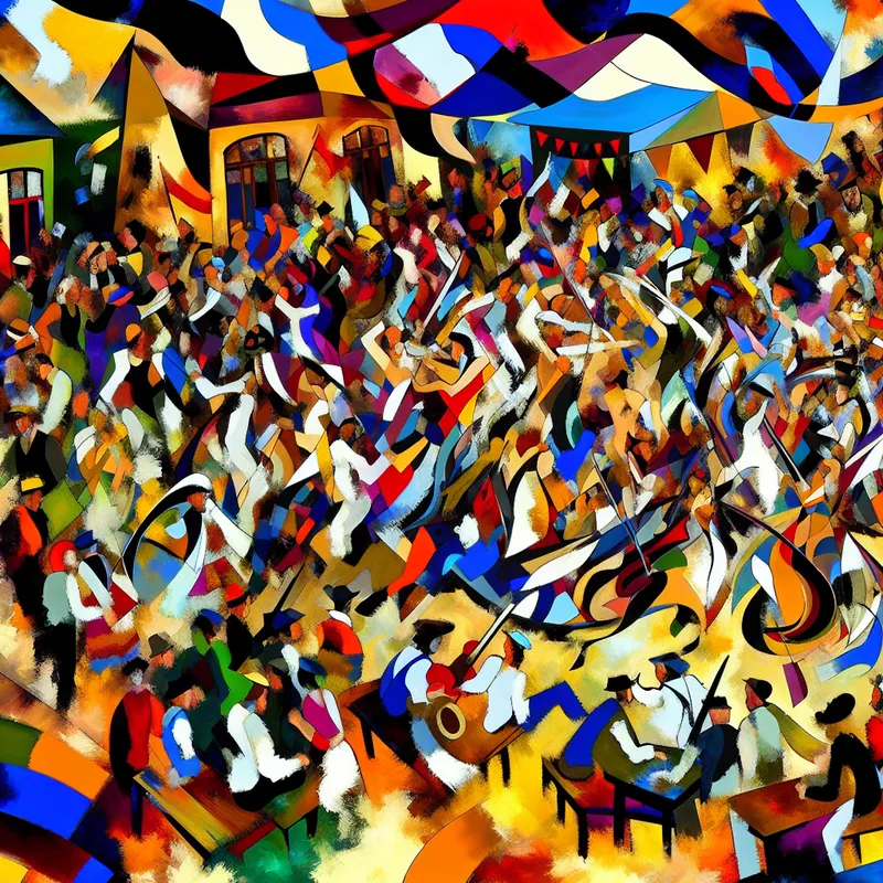 Abstracte weergave van een levendig cultureel festival met dansers en muziek, vol beweging en kleur.