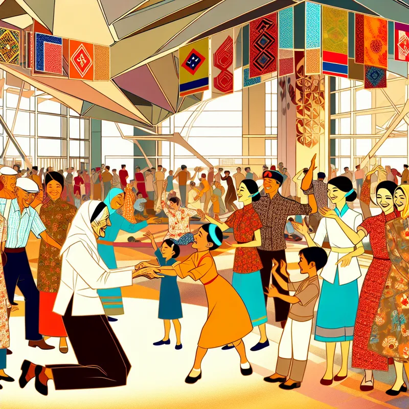 Een groep diverse mensen, waaronder een oudere vrouw die kinderen traditionele dansbewegingen leert tijdens een cultureel festival, met kleurrijke versieringen en achtergronden van moderne en klassieke gebouwen.