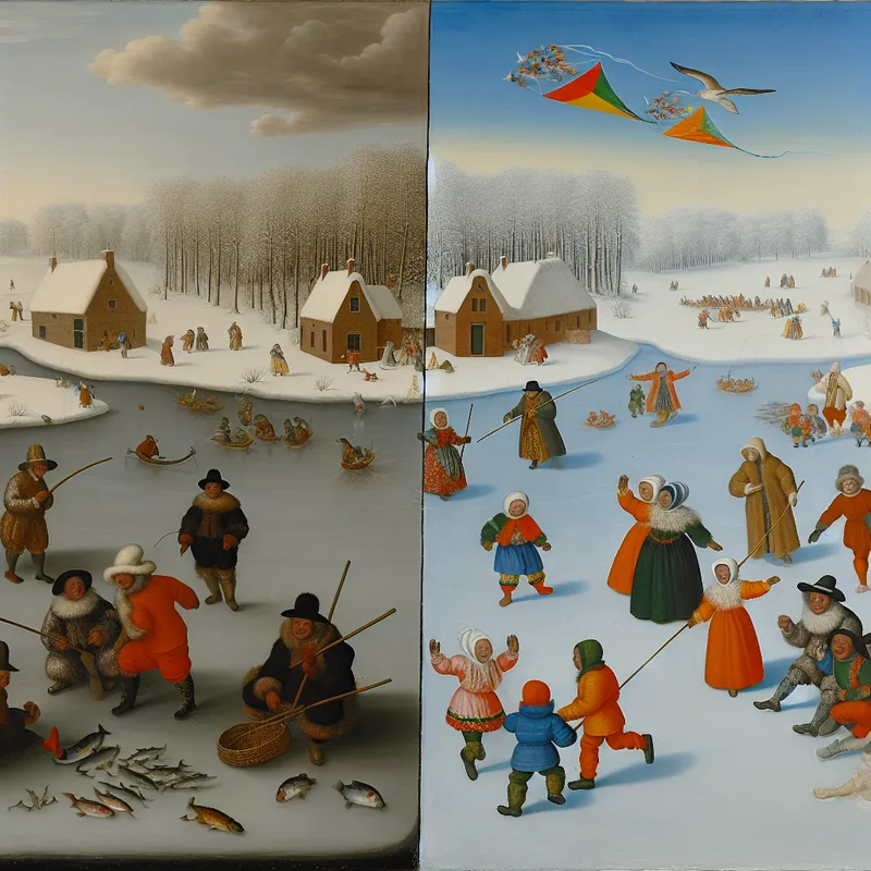Winterlandschap geïnspireerd door Hendrick Avercamp met twee culturele groepen aan weerszijden van een bevroren meer.