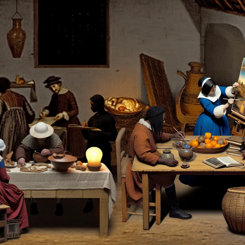 Een diverse groep mensen engaged in culturele activiteiten in een Vermeer-geïnspireerde setting