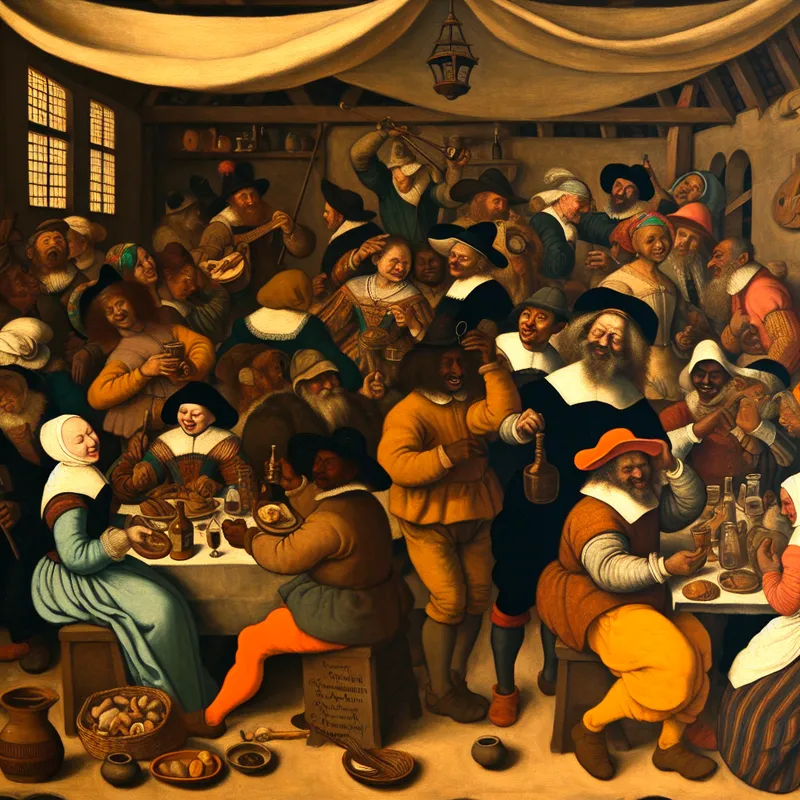 Drukke marktscène in de stijl van Jan Steen met mensen uit verschillende culturen die praten, eten delen en goederen uitwisselen, illustrerend de diversiteit en eenheid in de samenleving