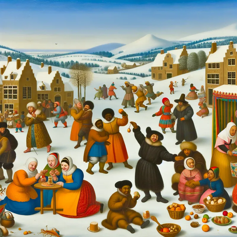 Een levendig winterlandschap met een diverse groep mensen die lokale gerechten proeven en deelnemen aan traditionele dansen.