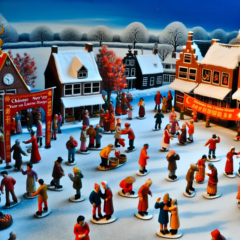 Drukbevolkt wintertafereel met vieringen van Chinese en islamitische tijdrekening in traditionele kledij en decoraties