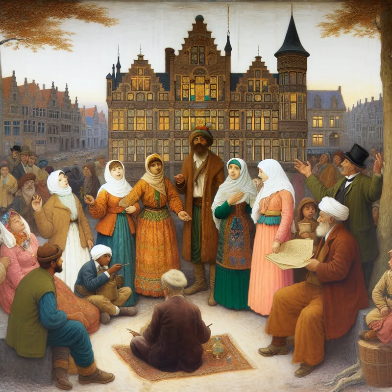 Een gezellige groep mensen in traditionele kleding die culturele activiteiten uitvoeren op een stadsplein, omringd door een historisch gebouw.