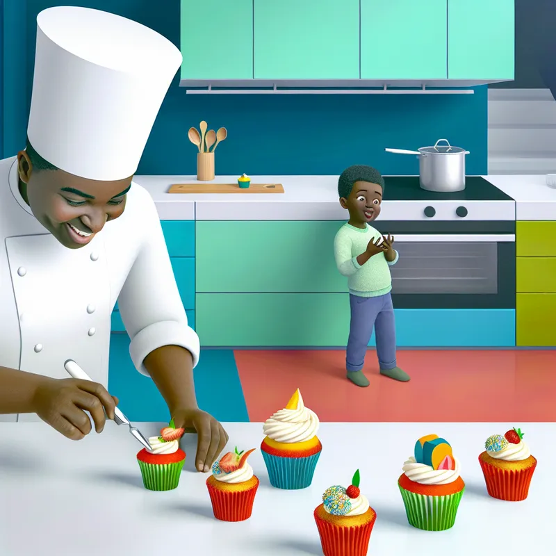 Een chef die kleurrijke cupcakes met een laagje vanille-ijs op een keukenblad versiert, terwijl een kind nieuwsgierig toekijkt.