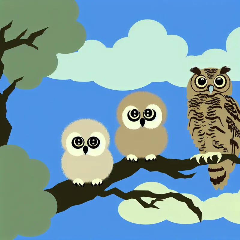 Een schattig stel uiltjes op een tak, omringd door grotere, volwassen uilen.