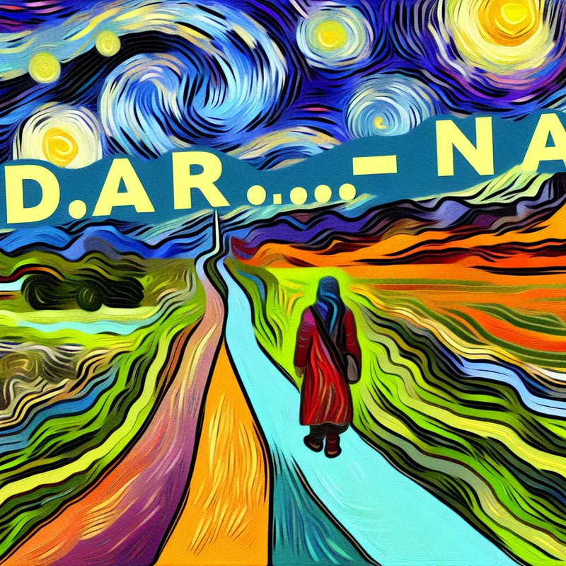 Persoon loopt op kronkelend pad met duidelijke scheiding tussen 'daar' en 'na', geïnspireerd op Van Gogh met expressieve penseelstreken en levendige kleuren