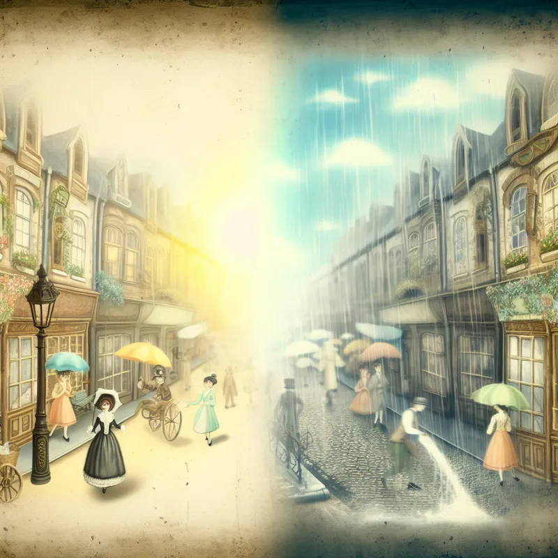 Droomachtige straatscène in vintage stijl met twee tijdsmomenten: zonnig weer en plotselinge regen, illustrerend het concept 'dáárvoor' in tijd of volgorde