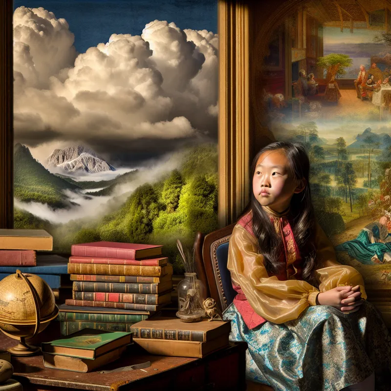 Jong kind dagdroomt in kamer vol boeken, globes en kaarten