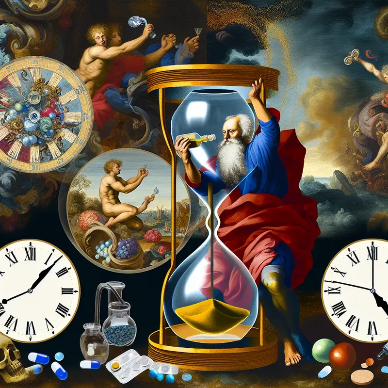 Allegorische barokfiguur van Tijd of Gezondheid met een grote sierlijke zandloper die 24 uur symboliseert, omringd door scènes van dagelijkse vitamine-inname en medicatie op vaste tijden