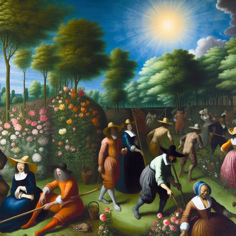 17e-eeuwse Nederlandse tuin met levendige groep mensen aan het werk in helder daglicht, geschilderd in de stijl van Frans Hals