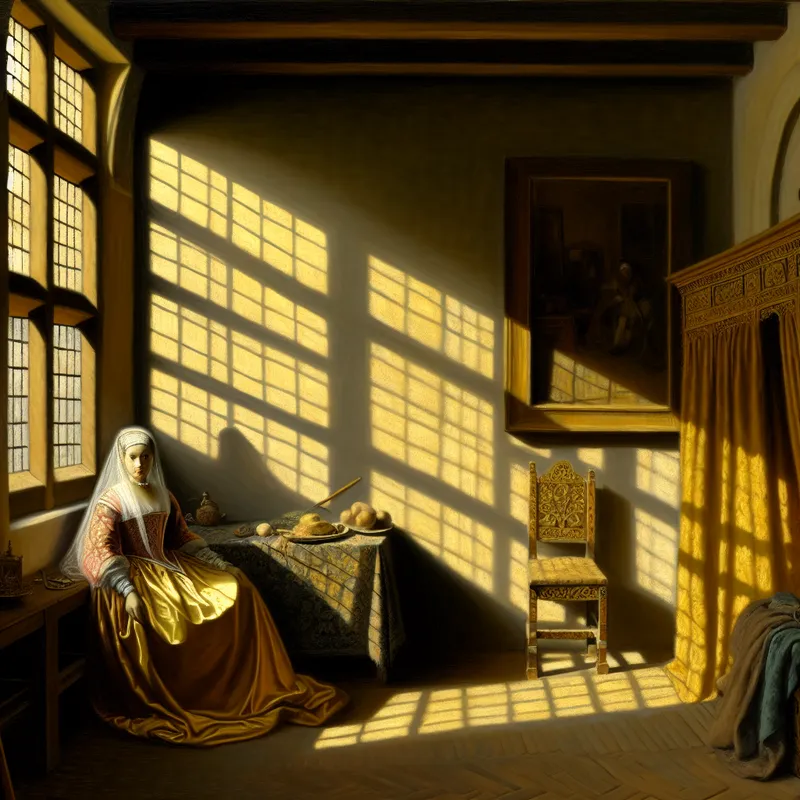 Schilderij van een elegante 17e-eeuwse Nederlandse vrouw in een satijnen jurk, staand in een zonovergoten kamer met daglicht dat door grote ramen naar binnen stroomt