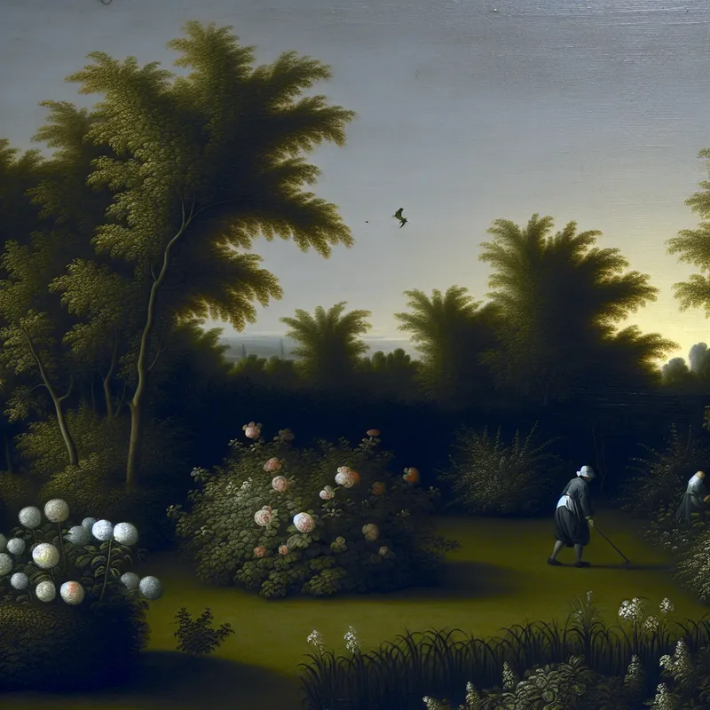 17e-eeuwse Nederlandse tuinscène met persoon die in daglicht werkt tussen bloemen en groen, in stijl van Gerard ter Borch