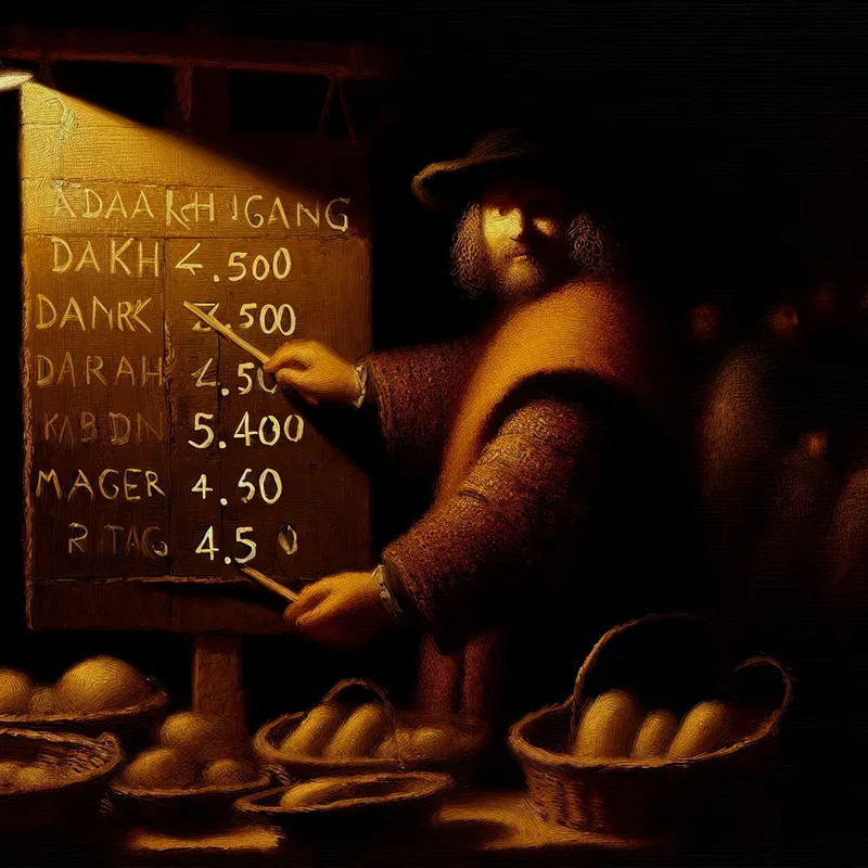 17e-eeuwse Nederlandse marktkoopman kijkt bezorgd naar een prijsbord met verlaagde cijfers, symboliserend daling van prijzen