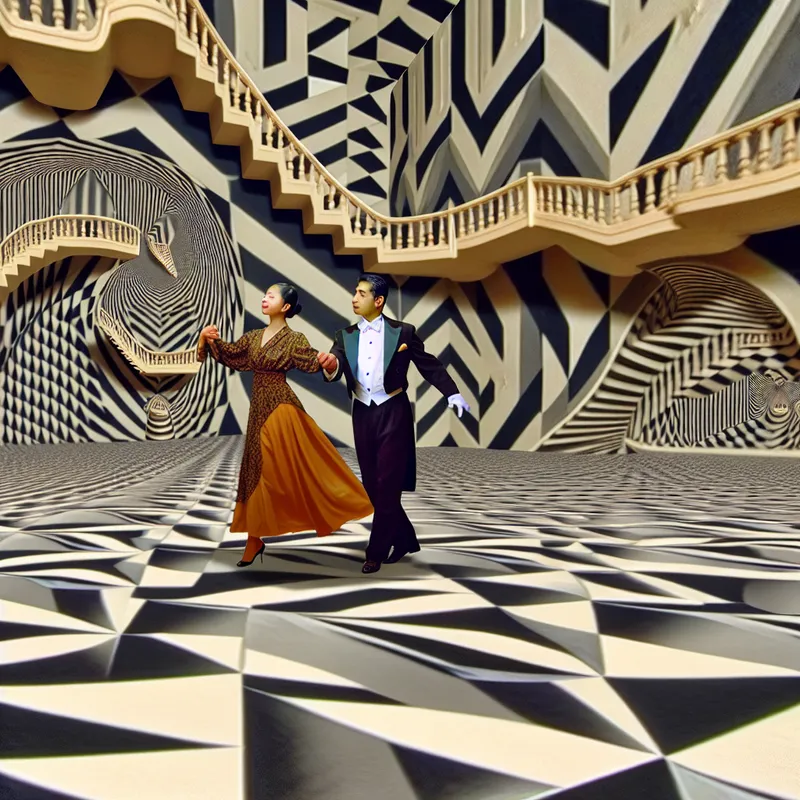 Elegant bal met een heer in smoking die een dame in avondjurk leidt op een optisch bedrieglijke dansvloer geïnspireerd door M.C. Escher