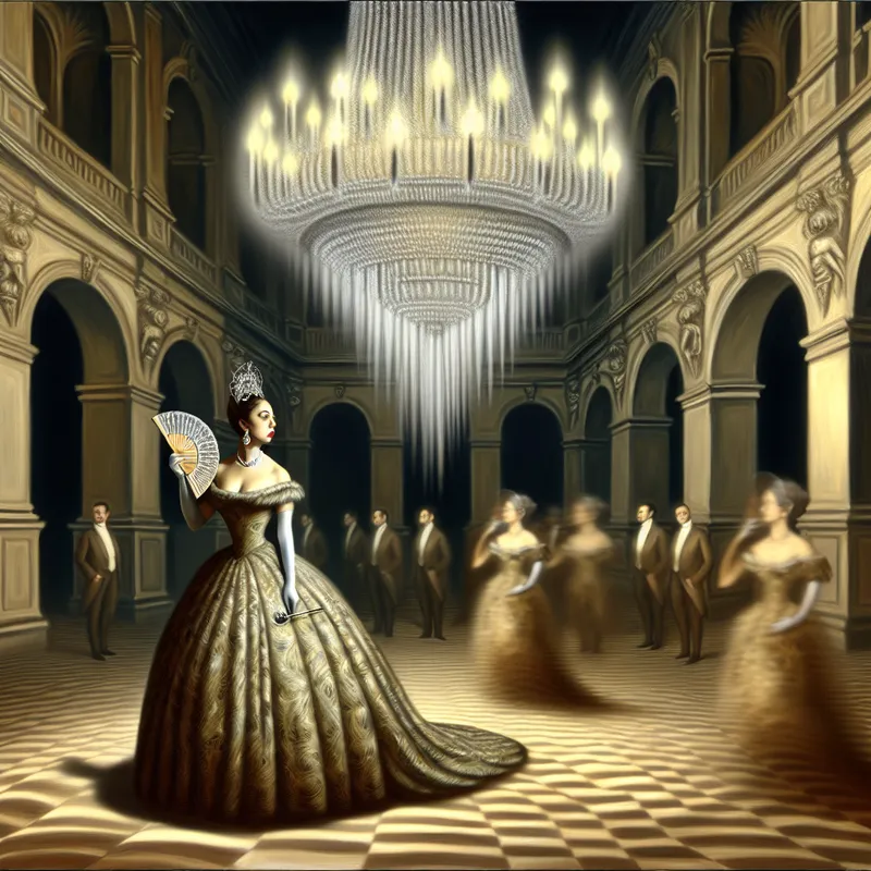 Elegante dame in formele balzaal met chique jurk en tiara, symboliserend een officiële rol in een ceremonie of spel