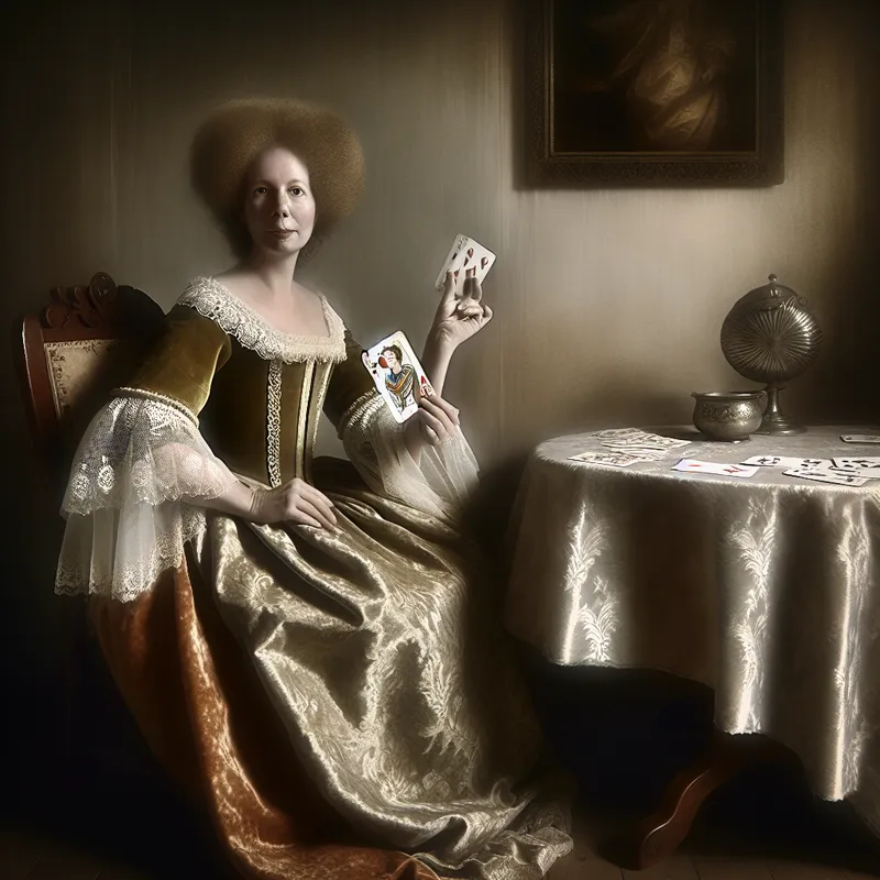 17e-eeuwse Nederlandse dame in luxe kleding houdt de dame van harten vast tijdens een kaartspel in een verfijnd interieur