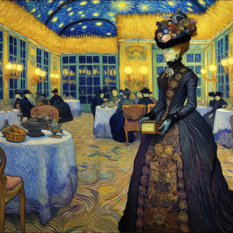 Schilderij in Van Gogh-stijl van een elegante dame van stand die liefdadigheidswerk verricht in een weelderige 19e-eeuwse setting