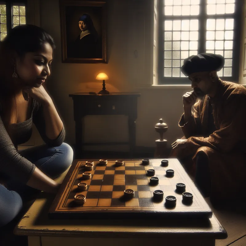 Twee mensen spelen een strategisch spel dammen op een houten bord in een gezellige kamer