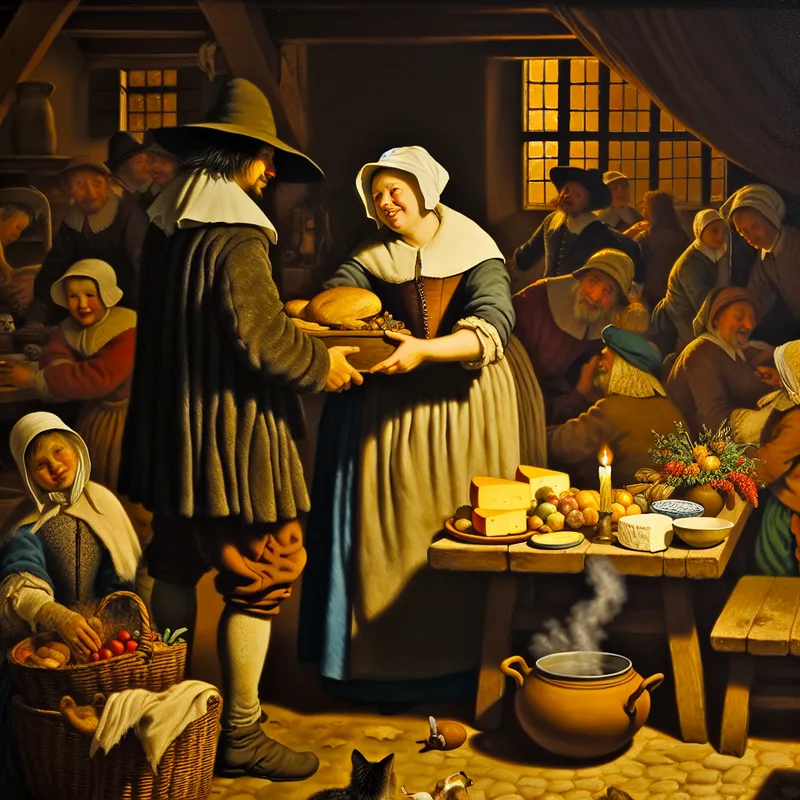17e-eeuws Hollands tafereel van dankbaarheid: vrouw in traditionele kleding nodigt bescheiden man uit voor een warme maaltijd