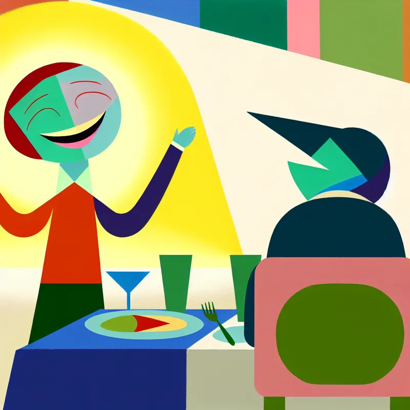 Een kleurrijke, minimalistische afbeelding van een personage dat dankbaarheid uitdrukt na het diner, geïnspireerd door de stijl van Dick Bruna.