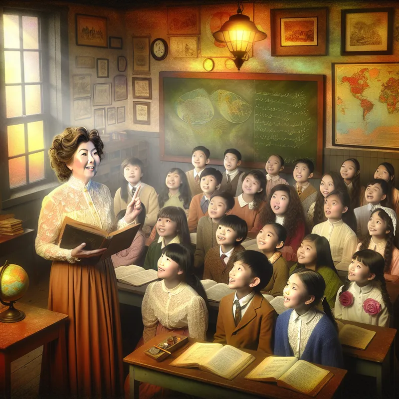 Vintage klaslokaal met enthousiaste leerlingen en een lerares die een boek vasthoudt, sfeer van een dankbare taak