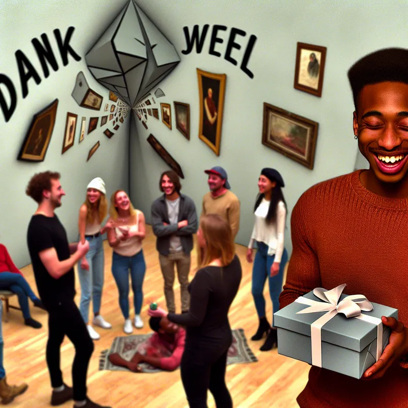 Een jonge man bedankt vrienden met een geschenk in een surrealistische Escher-achtige kamer