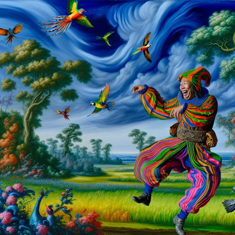 Een persoon in een uitbundig gekleurde veld, dansend in een extravagante outfit terwijl hij tegen kleurrijke vogels praat onder een dramatische lucht
