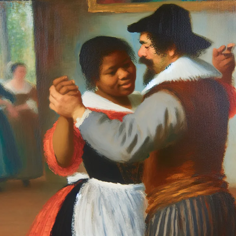 Twee mensen tijdens een dansles met warme fysieke nabijheid en oogcontact, geschilderd in de stijl van Frans Hals