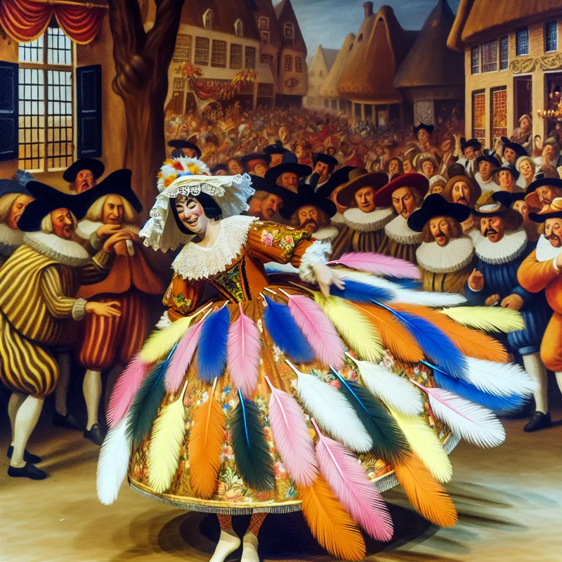 Een dansende performer in een kleurrijk veren kostuum op een feestelijk podium met een enthousiaste, diverse menigte