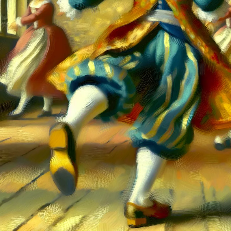 Levendige danser in beweging met drie duidelijke stappen naar links, geschilderd in de stijl van Frans Hals