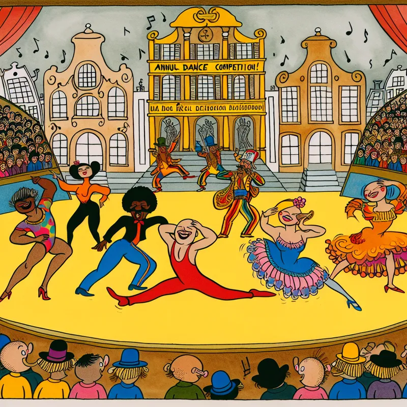 Een kleurrijke cartoon van een danswedstrijd met diverse dansers op het podium