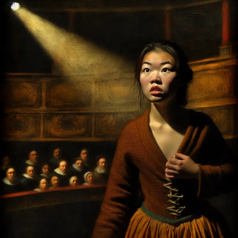 Jonge vrouw op een verlichte podiumrand met een vastberaden en kwetsbare uitdrukking, symbool voor moed en innerlijke kracht in een dramatisch clair-obscur schilderij