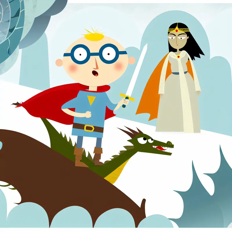 Minimalistische kinderillustratie van een dappere jonge protagonist die triomfantelijk op een verslagen draak staat, met een geredde prinses in de buurt, in de stijl van Dick Bruna