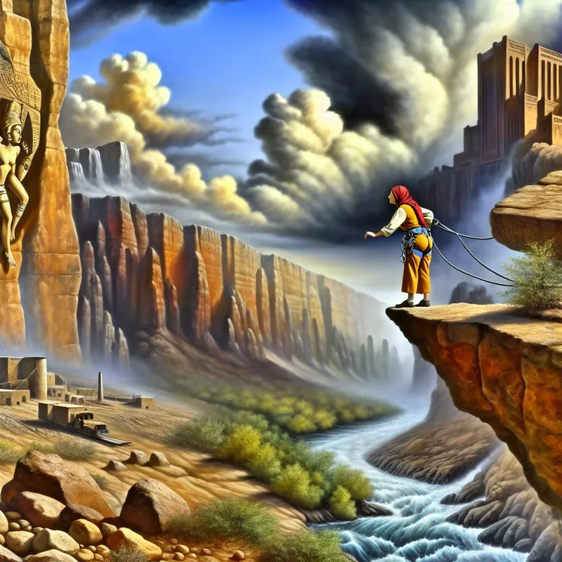 Een dappere persoon staat op de rand van een steile klif, voorbereid om over een diep ravijn te springen.