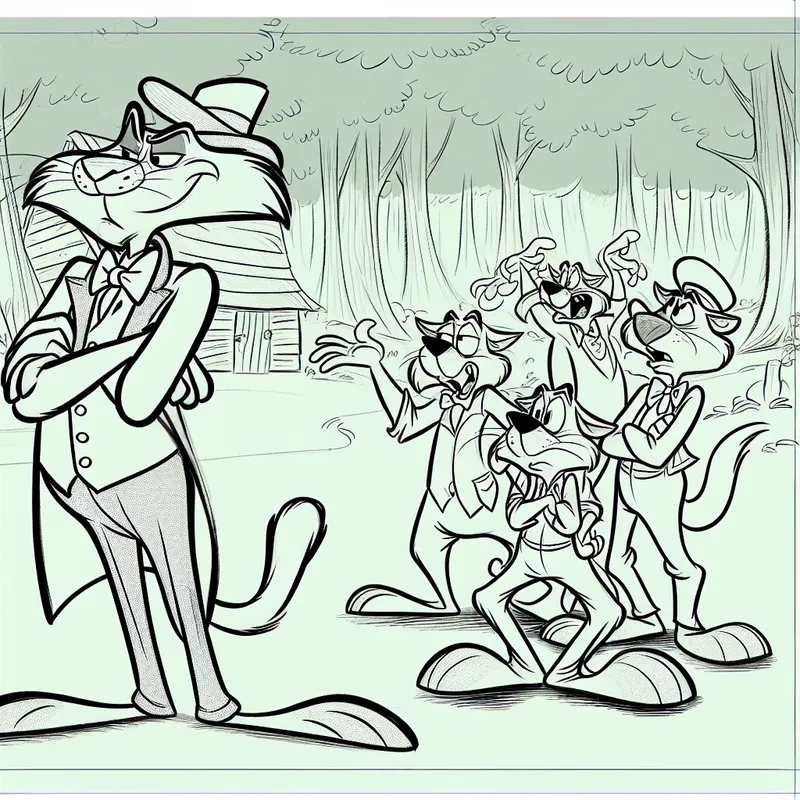 Cartoonachtige scène van antropomorfe dieren waarbij één personage de baas speelt zonder formele rol, in de stijl van Marten Toonder